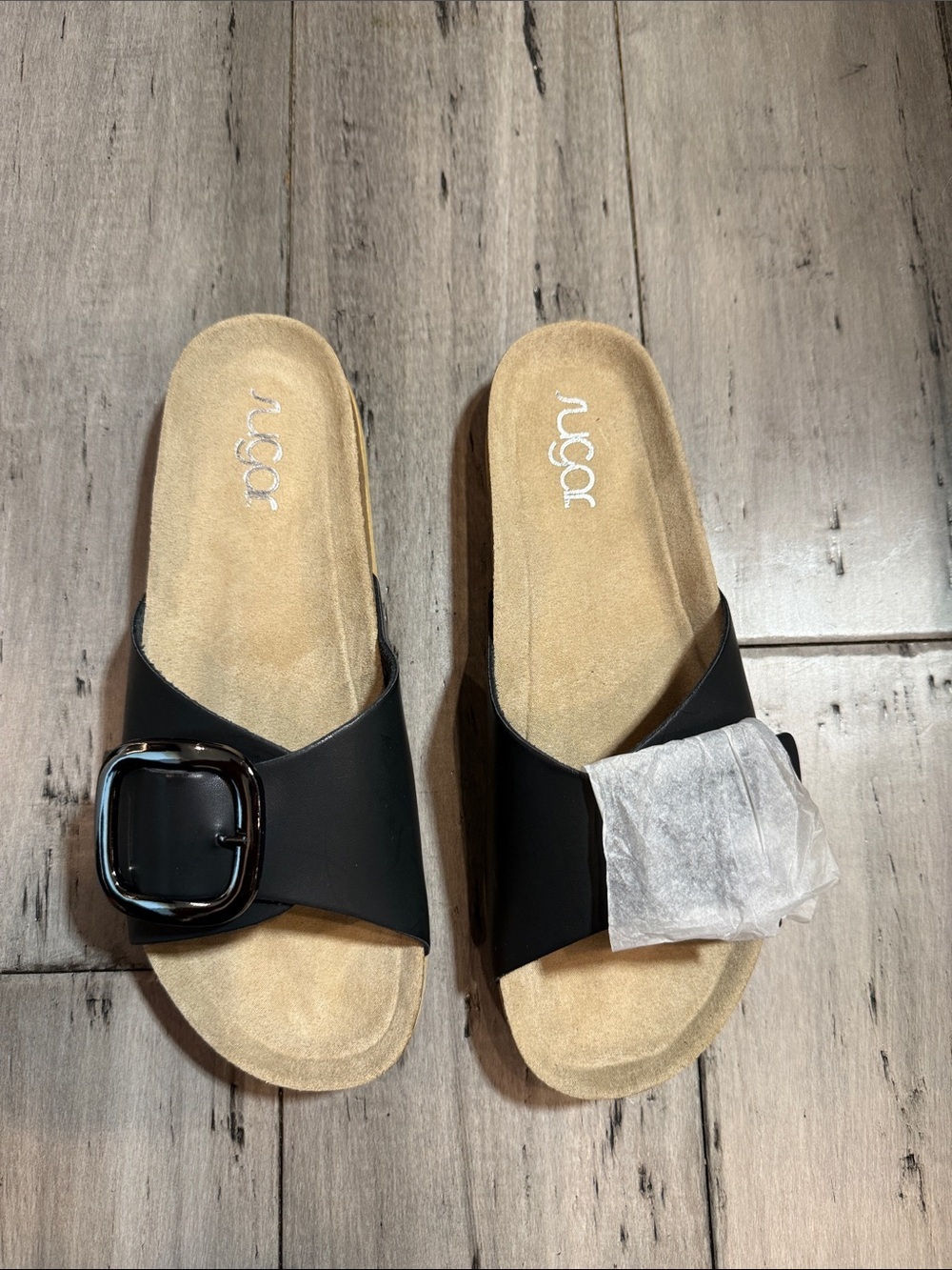 NWT Sugar Black Buckle Slide Sandals